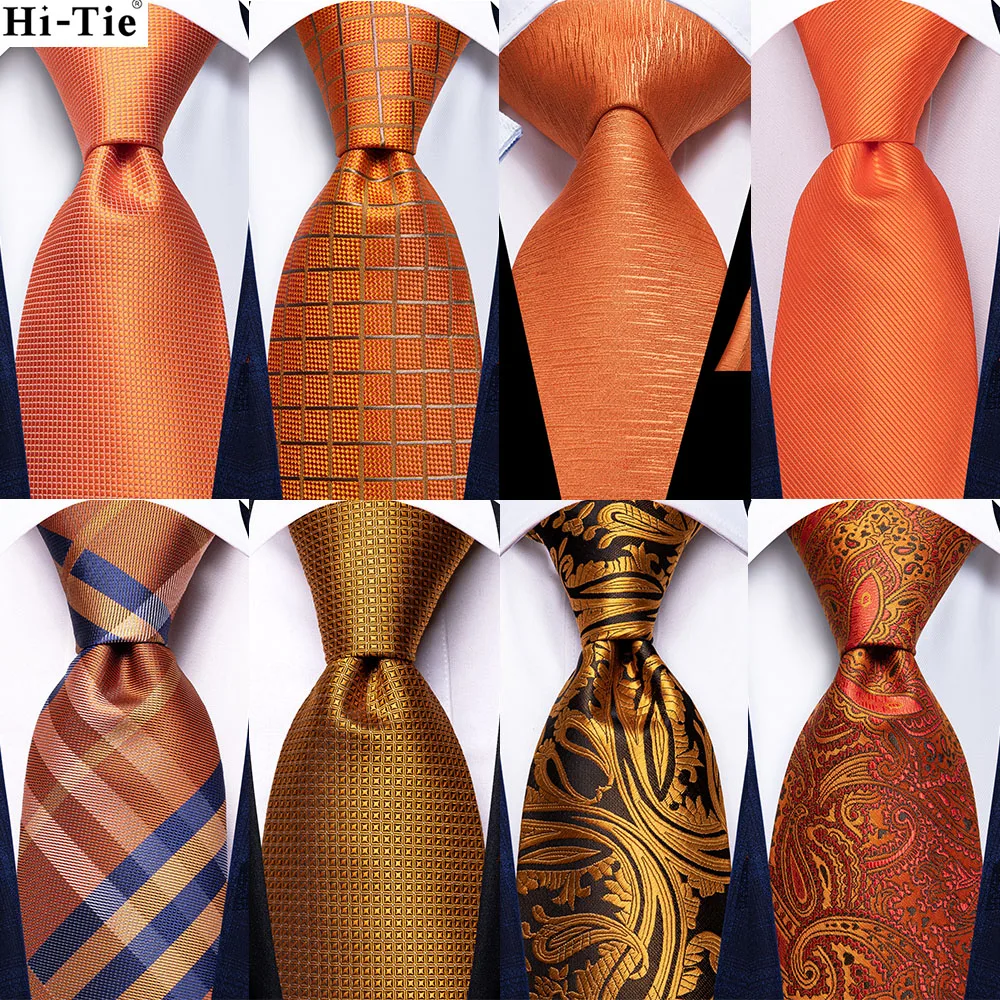 

Hi-Tie Designer Orange Paisley Silk Wedding Tie For Men Handky Cufflink Gift Mens Necktie Fashion Business Party Dropshiping