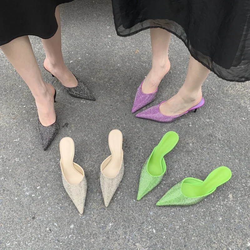 Glitter Slides Shoes Woman 2024 Slippers Heels Fashion Pointed Toe Low Pantofle Jelly High Thin Luxury Summer New Cover Crystal