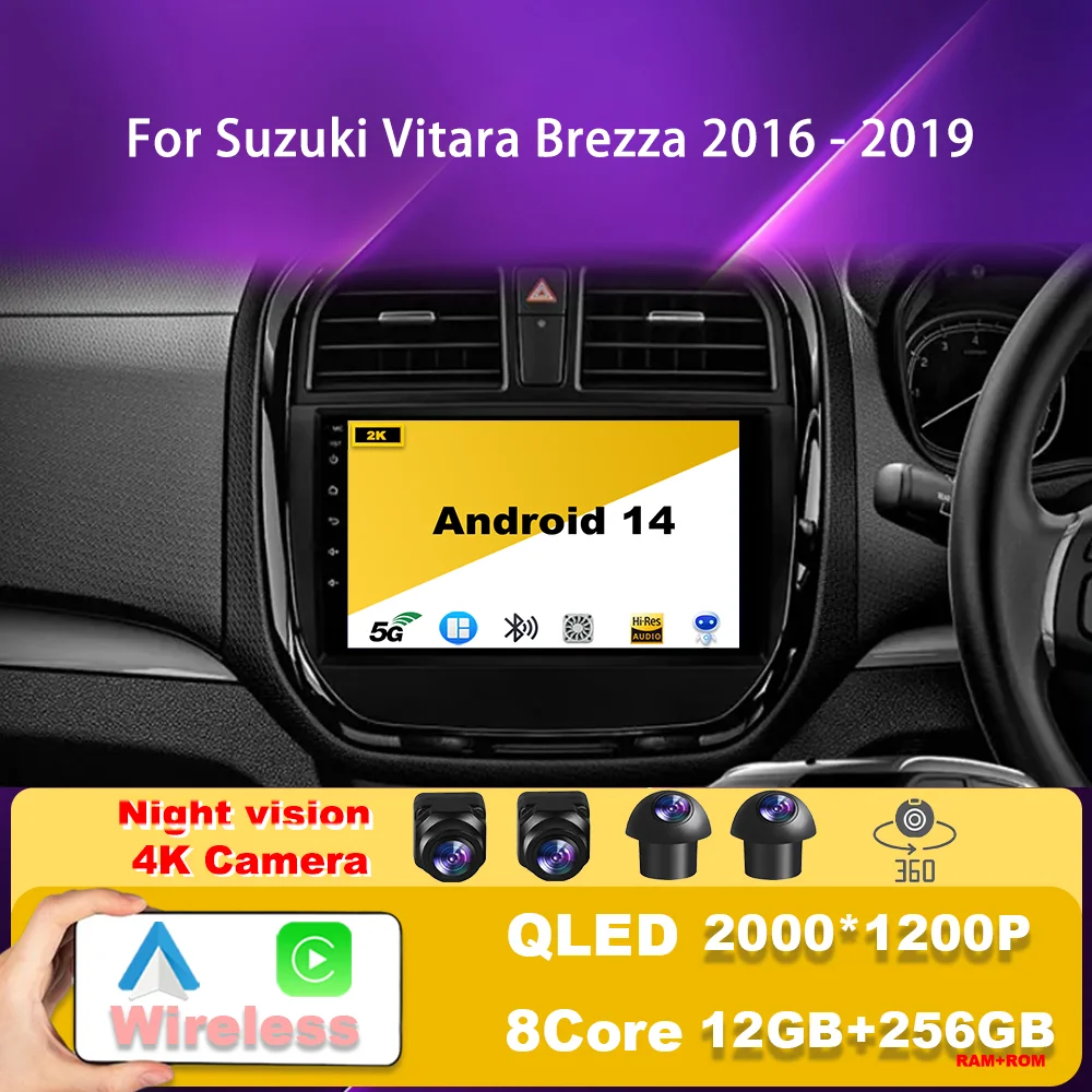 

For Suzuki Vitara Brezza 2016 - 2019 Android 14 Car Radio Multimedia Player Stereo Navigation GPS 4G WIFI Built-in Carplay QLED