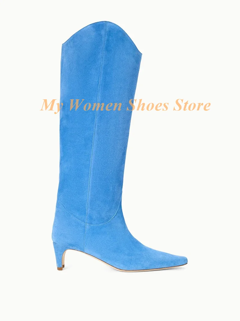 

Синие замшевые сапоги до колена с квадратным носком, без застежек, коллекция Runway 2026, зимние женские туфли ручной работы на среднем каблуке, однотонные, на заказ