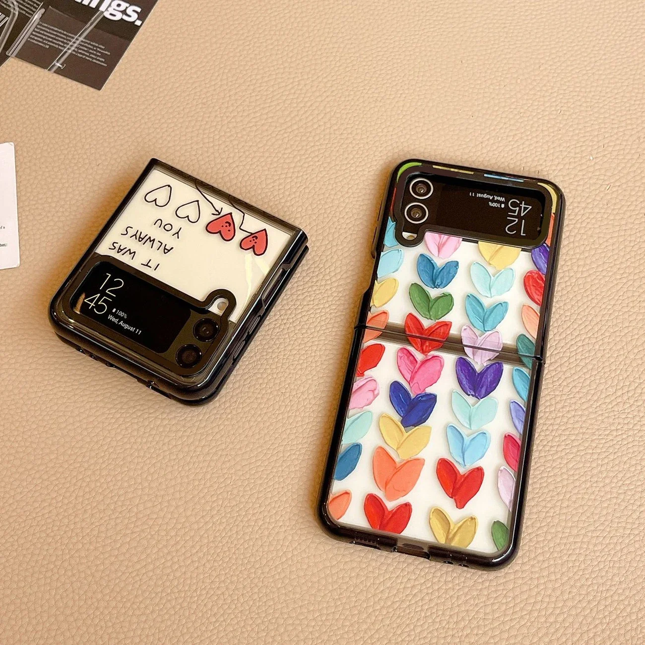 

Acrylic Black Border Colorful Hearts Phone Case for Samsung Galaxy Z Flip 5 4 3 Back Cover for ZFlip4 ZFlip 5 Hard Case