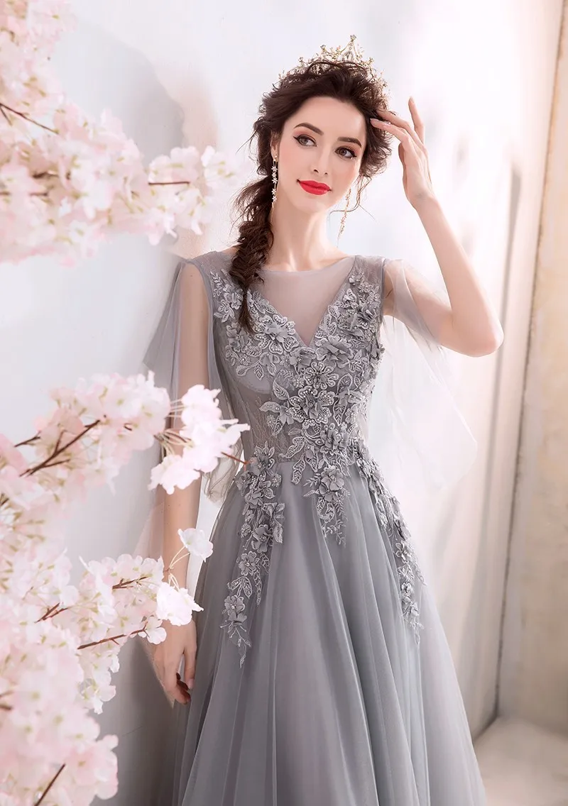 LIYYLHQ 3D Flowers Appliqued Women Dress Long Prom Dress Grey Pearls Beading Evening Dress Sexy Party Maxi Dress Customized