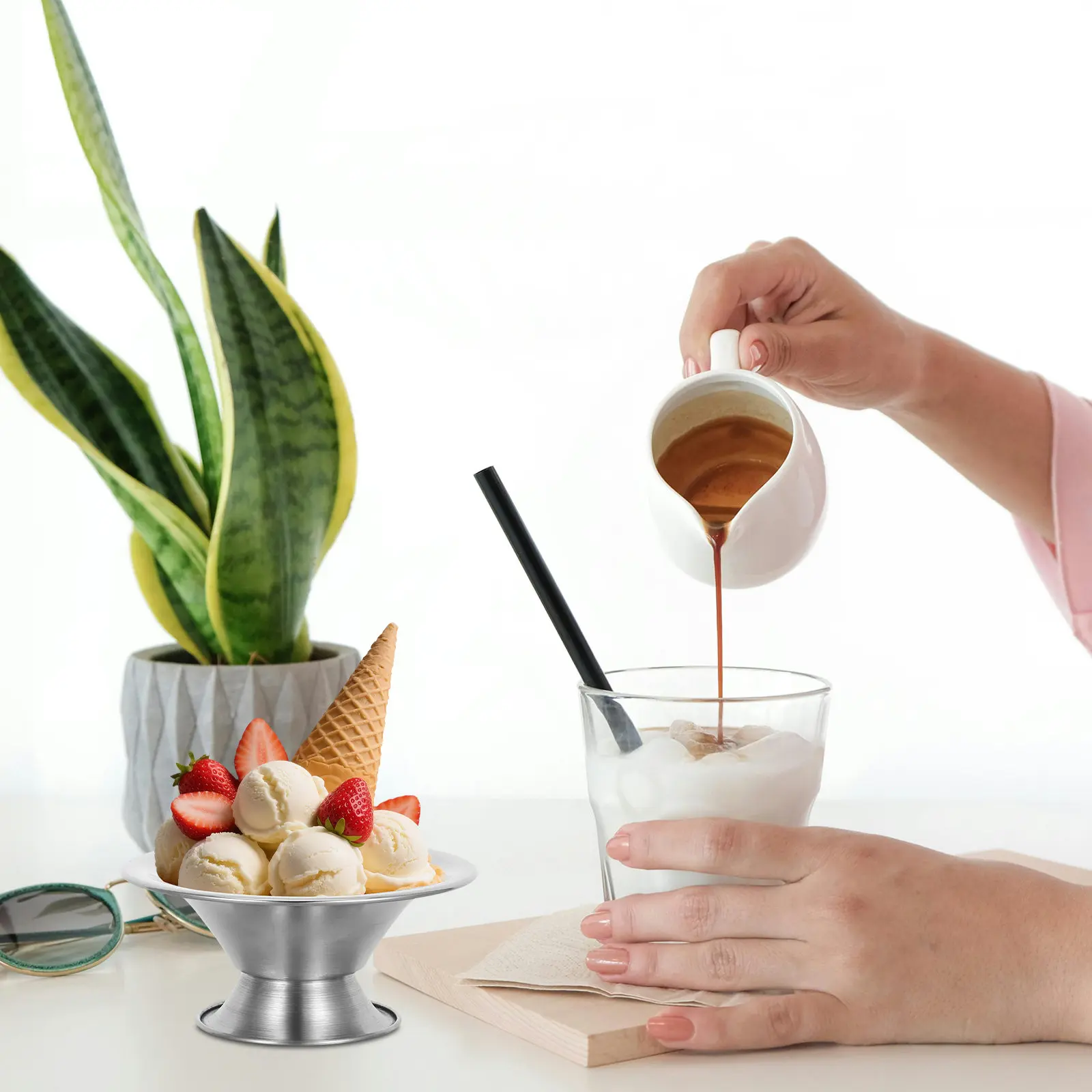 Tazón de Ensalada de Acero Inoxidable de 300 ml - Tazón con Base para Postre, Helado - Tazón Decorativo para Servir Pudín, Cereal, Fruta, Dip