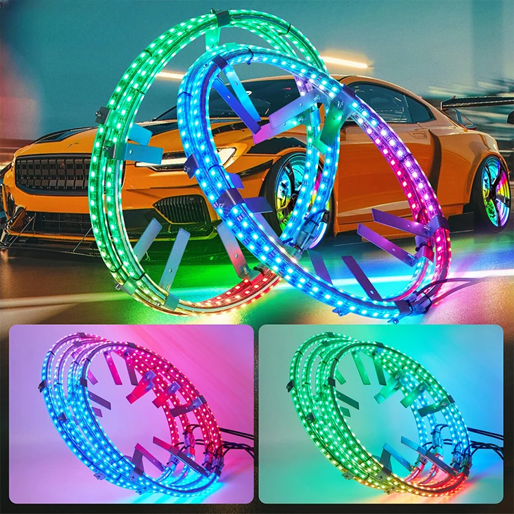 LED Dream Chasing Colors L/R turn signal and brake backlight 2-row wheel rim RF/APP flow neon strip light decoration kitcustom