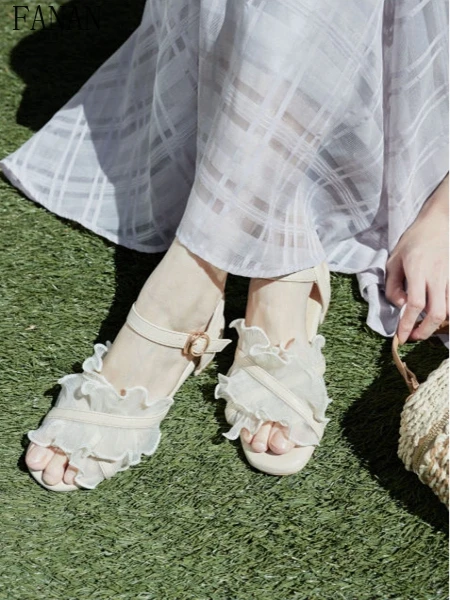 

Japanese Style Sweet Fungus Edge Lotus Leaf Edge Retro Lady Shoes Summer Fish Mouth Soft Bottom Women's High Heel Sandals