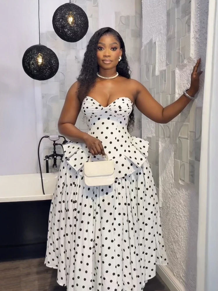 Vintage French Style Polka Dot Strapless Dress Summer Women Elegant Ruffle High Waist Pleated Long Dress White Slim Dress