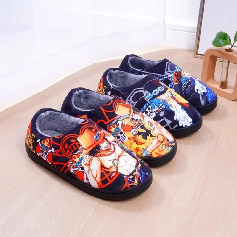 Anime One Piece Logo Chooper Luffy Indoor Slippers Flat Home Cartoon Slippers Unisex Couple Heel Cover Warm Non-slip Shoe Winter