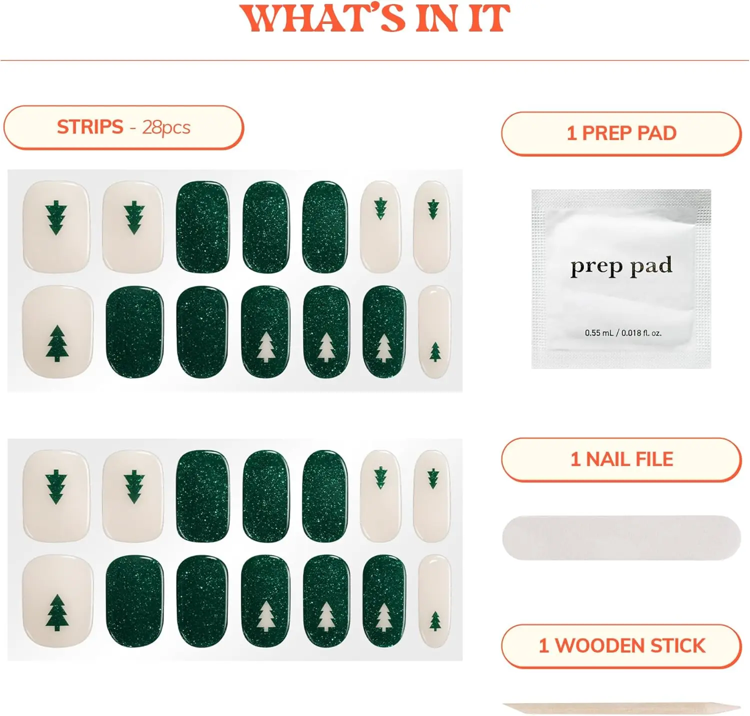 شرائط أظافر جل شبه معالجة، أخضر لامع، لا حاجة لمصباح LED، 28 شريطًا مع وسادات إعدادية، ملف وعصا