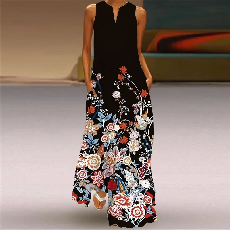 Traditional Chinese style palace floral print long loose V-neck sleeveless high-end dress