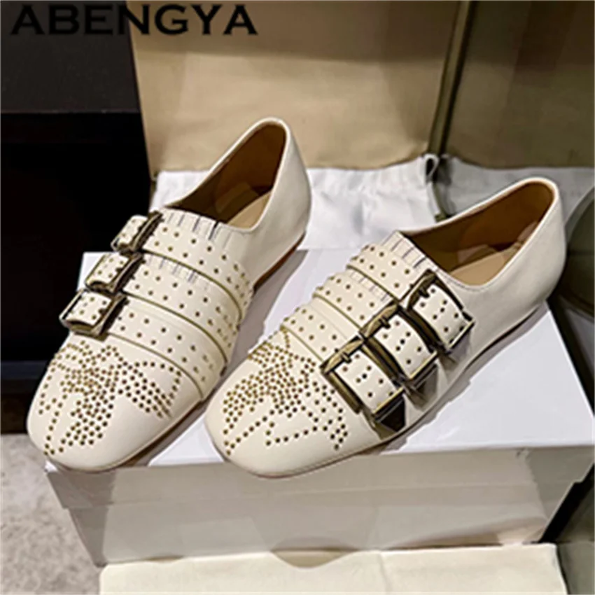 Mocasines de Cuero Genuino con Remaches Metálicos, Zapatos Planos para Mujer, Diseño de Hebilla Inglesa, Zapatos Casuales de Vestir, Zapatos de Moda para Caminar