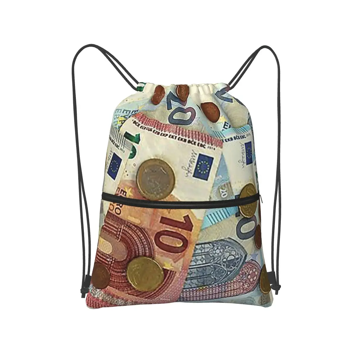 

Euro Banknotes And Coins Backpacks Fashion Drawstring Bundle Pocket Sports Bag Book Bags for Travel School