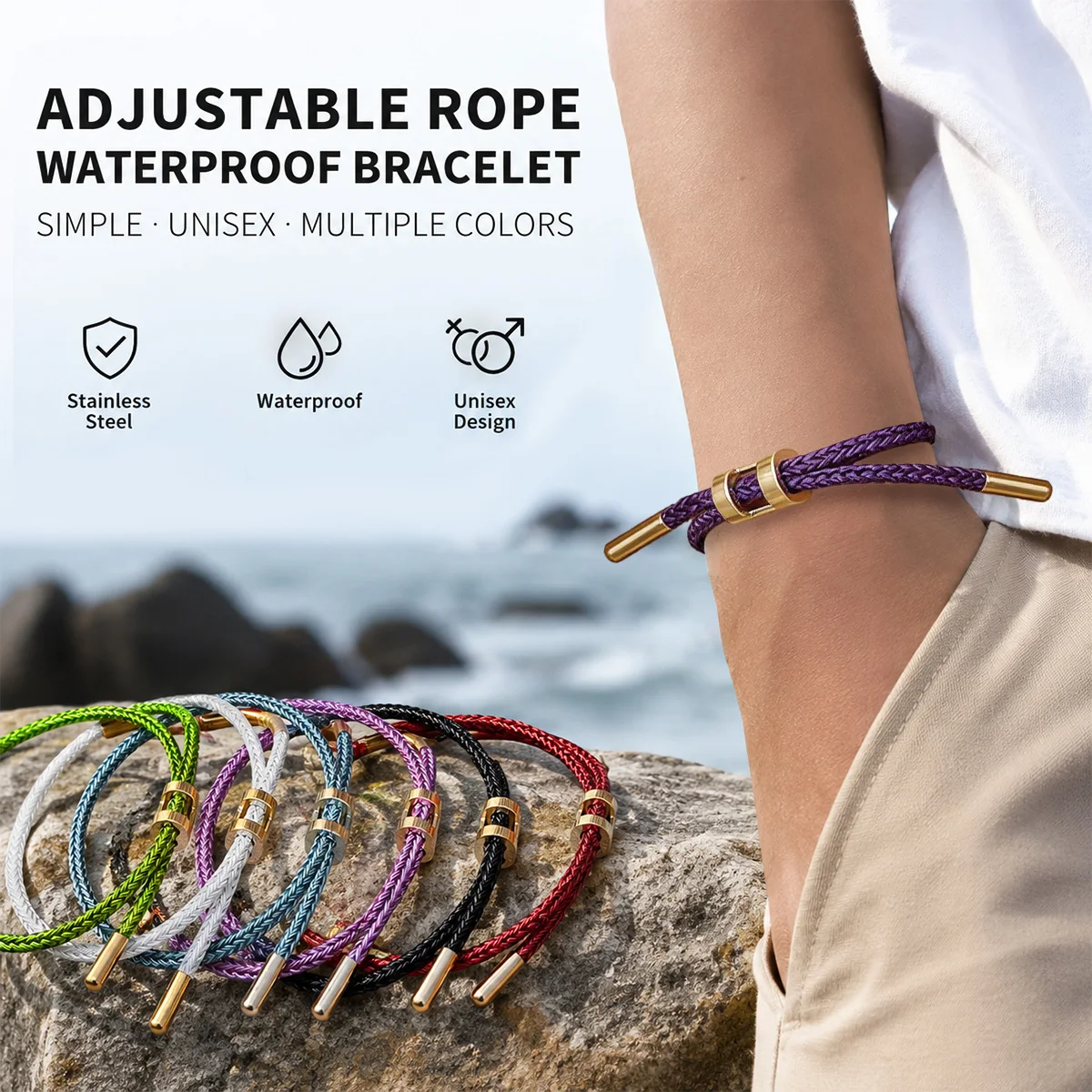 

Adjustable Stainless Steel Rope Waterproof Bracelet with Titanium Steel Buckle, Simple Design, Unisex, Multiple Colors Available