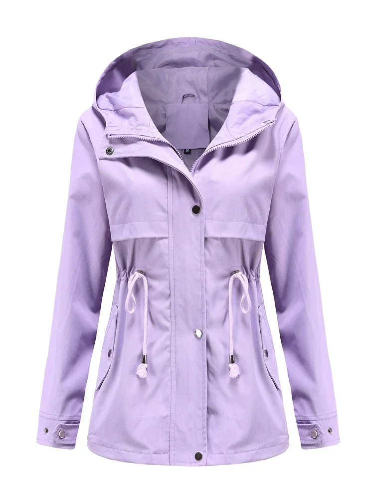 2024 New Windbreaker Medium Long Hooded Coat Solid Long Sleeve Waist Wrapped Outdoor Raincoat Thin Jackets for Women Clothes