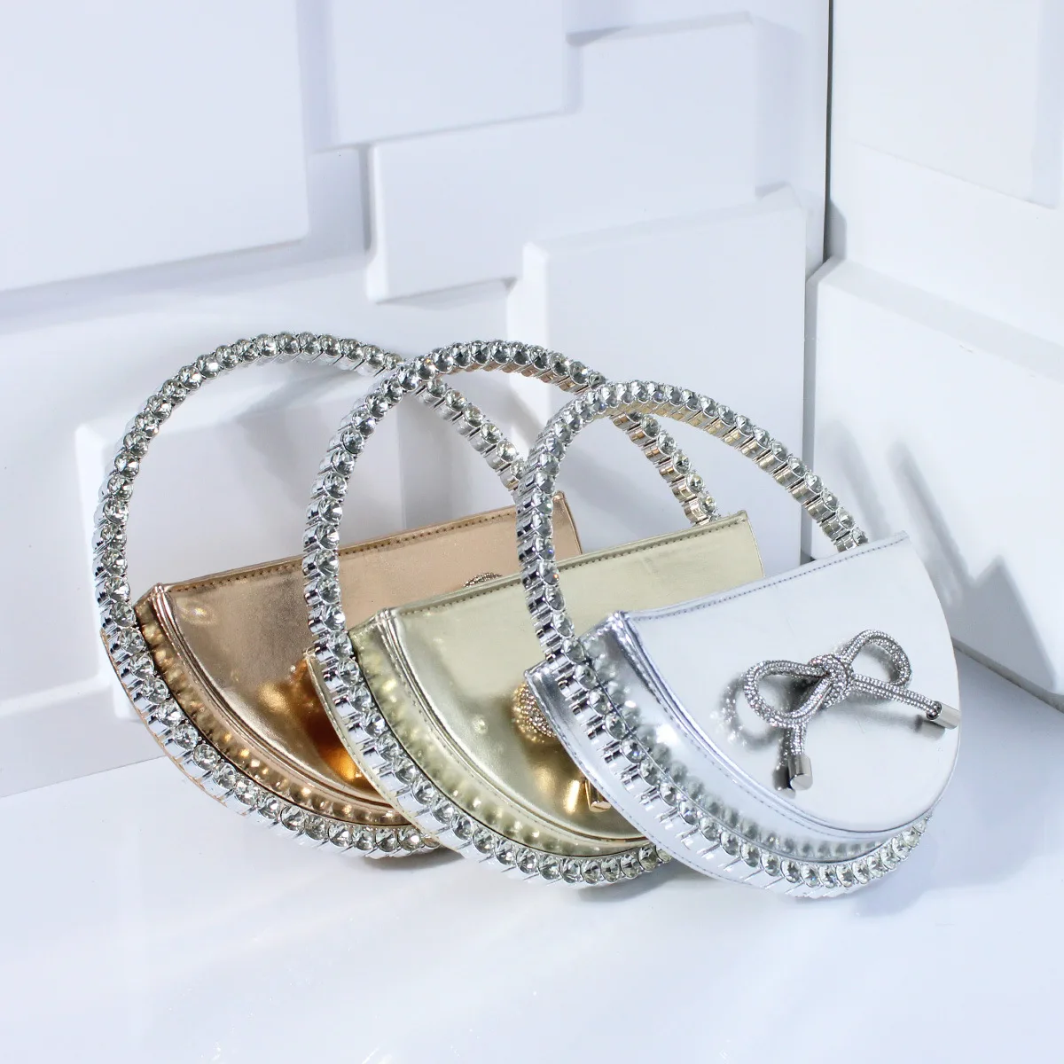 

High-end fashion bow women's semi-round handbag diamond-encrusted dinner bag exquisite dress bag luxury ball party bag