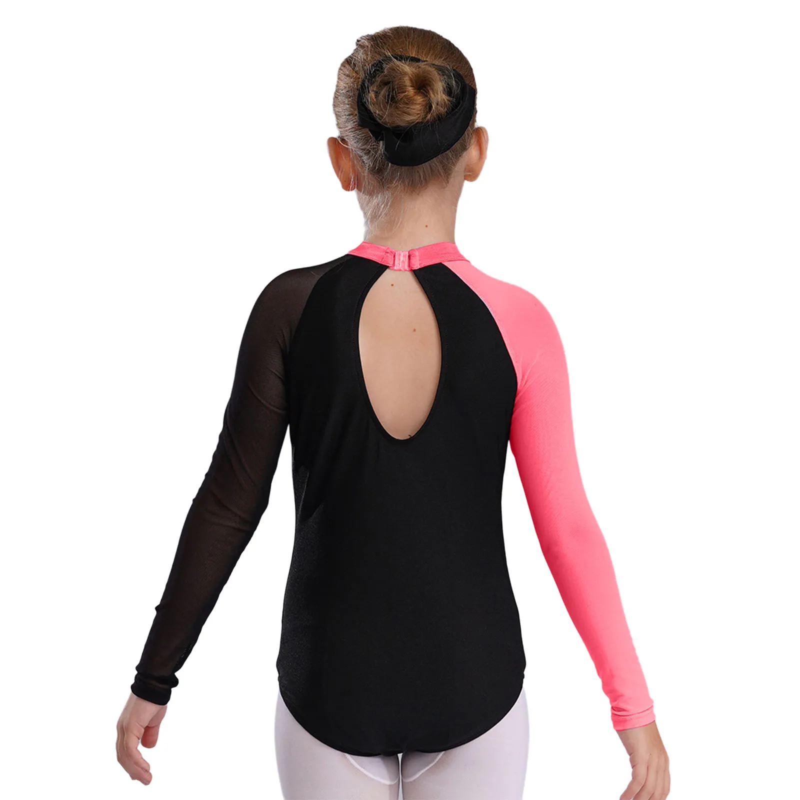 Kids Girls Ballet Dance Leotard Color Block Sheer Mesh Long Sleeve Shiny Rhinestones Gymnastics Leotard for Performance