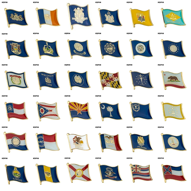 Flag Laple Pin Badge Brooch Pins Mississippi Hawaii North Dakota Florida Philadelphia Kansas Virginia  Oklahoma  Iowa Illinois