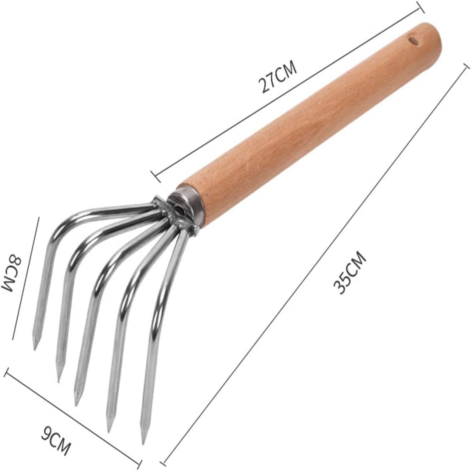 Garden Hand Rake Gardening Tools Small Leaf Rake Soil Tiller for Backyard Plants , Long Handle 5 Teeth