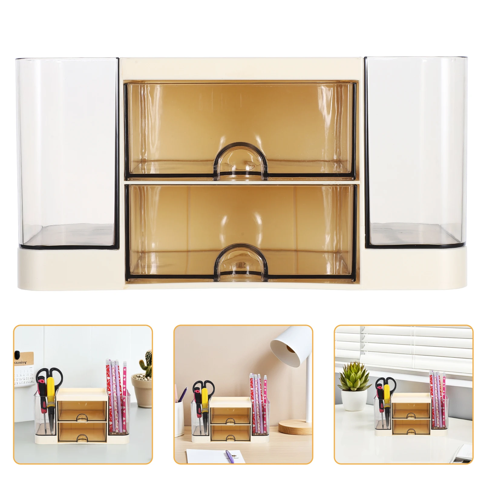 

Storage Box Compartment Makeup Organizer 2 Drawer Pen Holder Pencil Desk The Pet Desktop with Drawers Office