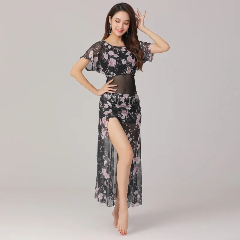 Nieuwe Plus Size Buikdans Oefenjurk Set Gaas Oosterse Dansshow Performance Jurk Split Rok