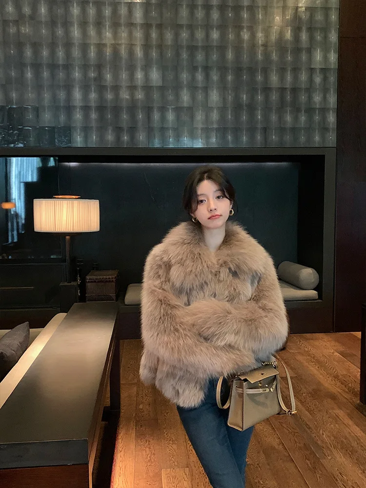 Women Faux Fox Fur Coats Solid Short Jackets Long Sleeves Turn Down Collar Open Stitch Loose Elegant Casual 2026 Autumn Winter