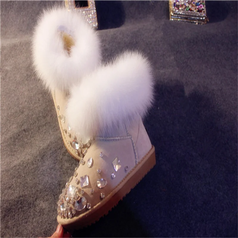 Fox sand color full drill handmade snow boots fur in one cylinder banquet wedding women's large size cotton shoes 35-44