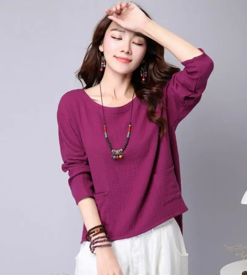Blusa de lino y algodón informal de primavera, talla grande, estilo vintage, con bolsillo, elegante, para mujer, tallas 5XL y 6XL, tops en oferta.
