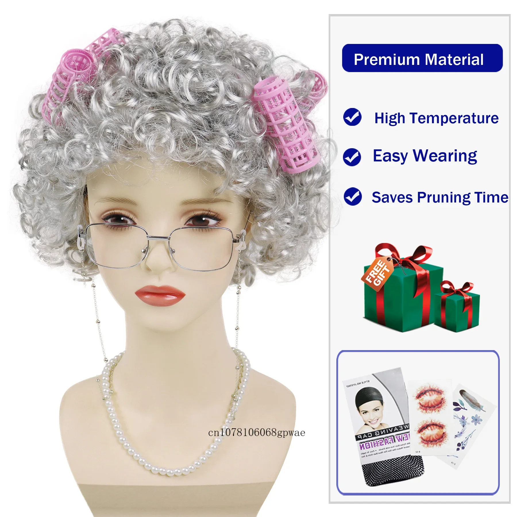 Synthetic Old Lady Silver Grey Wig Set Granny Wigs with Hair Rollers,Glasses,Eyeglass Chain,Pearl Necklace Daily Party Cosplay