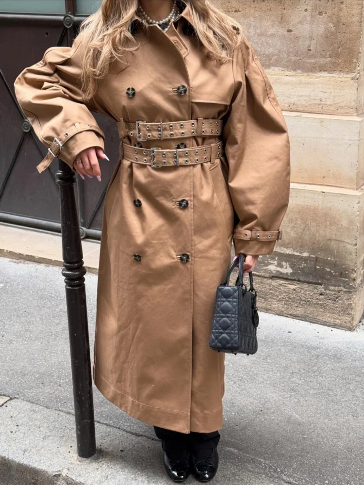 

Повседневные длинные плащи для женщин с поясом, однотонные двубортные куртки с длинными рукавами и лацканами, осень 2021, модная женская уличная одежда