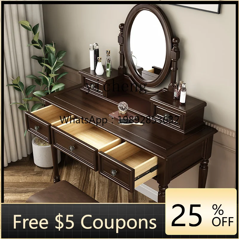 

All solid wood dresser, bedroom makeup table with mirror integrated small apartment retro desk with pump