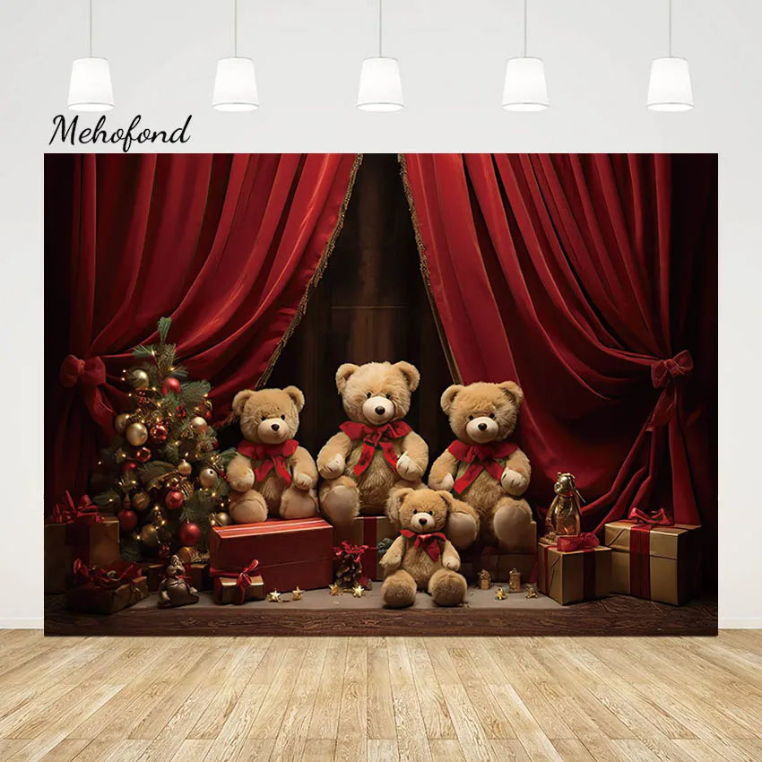 Mehofond-Natal Toy Bear Backdrop para Crianças, Retrato De Família, Festa De Aniversário, Fotografia, Árvore De Natal, Cortina Vermelha, Decoração De Fundo