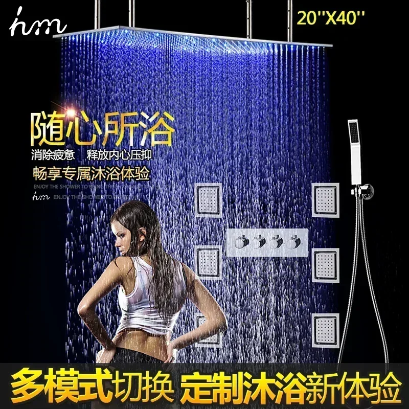 High Quality Large LED Shower Set 500x1000MM Ceiling Rainfall ShowerHead Syatem Thermostatic Diverter Faucets Massage Body Jet