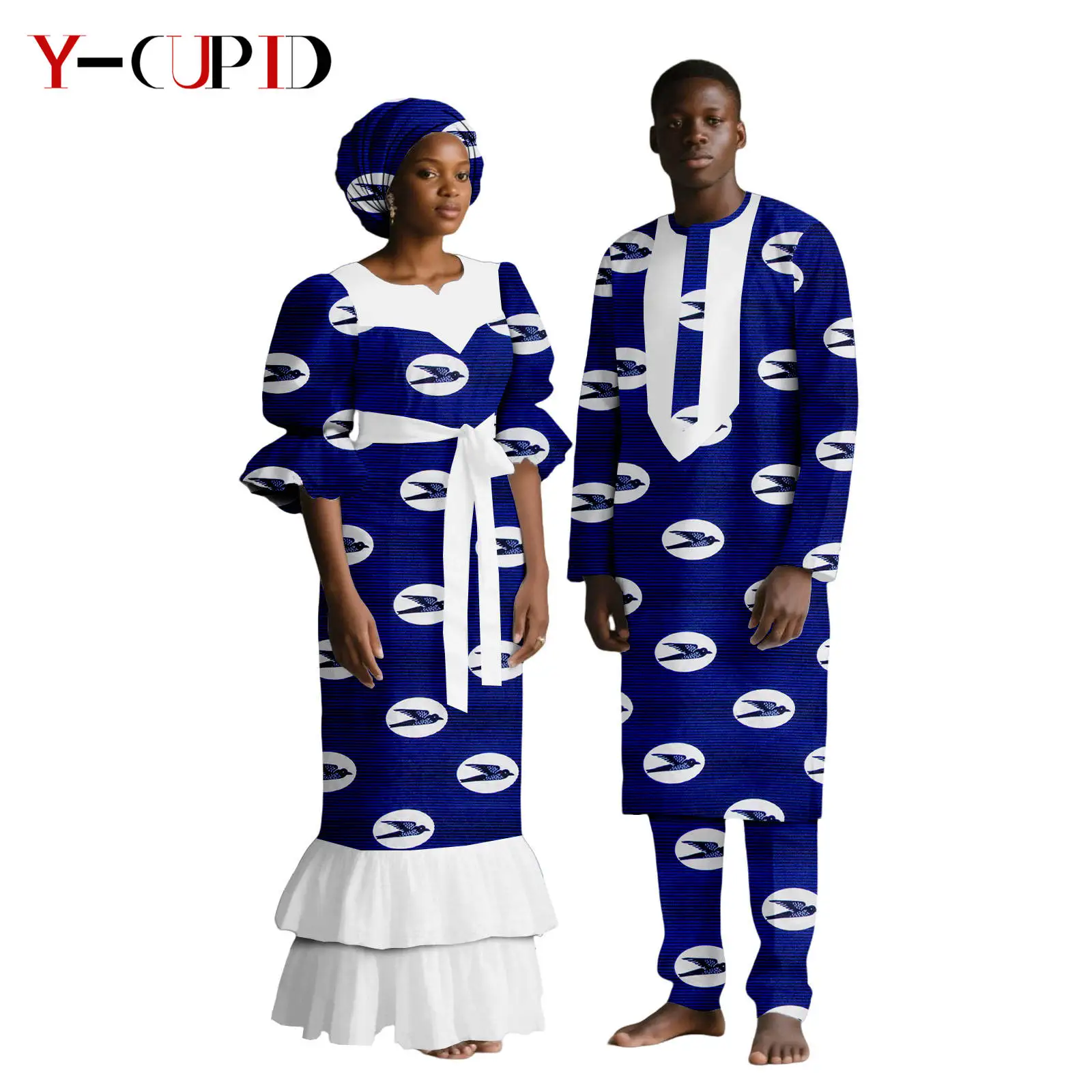 فساتين مطبوعة أفريقية مع غطاء للرأس للنساء أطقم ملابس علوية وسراويل متطابقة للرجال ملابس بازان الثراء الأفريقية للزوجين 25C079 #3