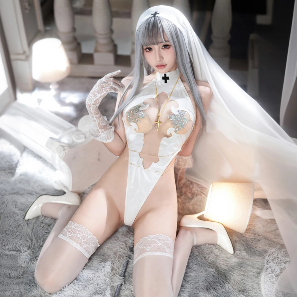 Neue Heiße Sexy Anime Mädchen Heilige Nonne Uniform Kampf Outfit Kleidung Hochzeit Schleier Hohl Body Cosplay Kostüme Mit Nippel Abdeckungen