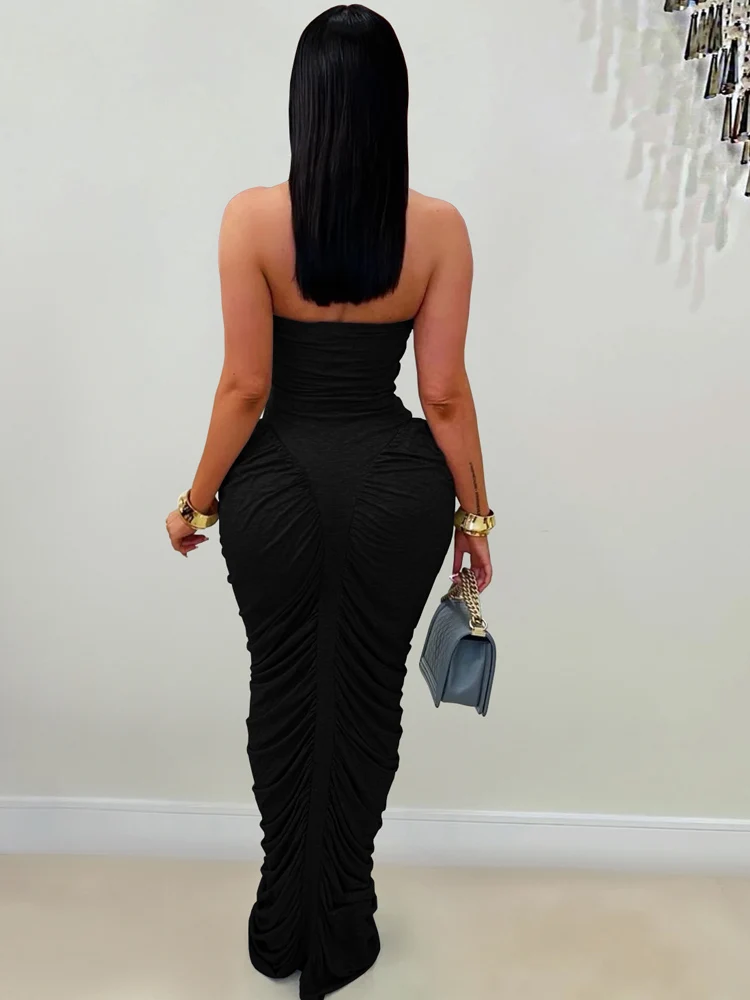 Beyprern Elegant Orange Ruched Maxi Dress For Women Sexy Strapless Tube Top Bodycon Long Dress Night Clubwear Outfits Vestidos - Image 4