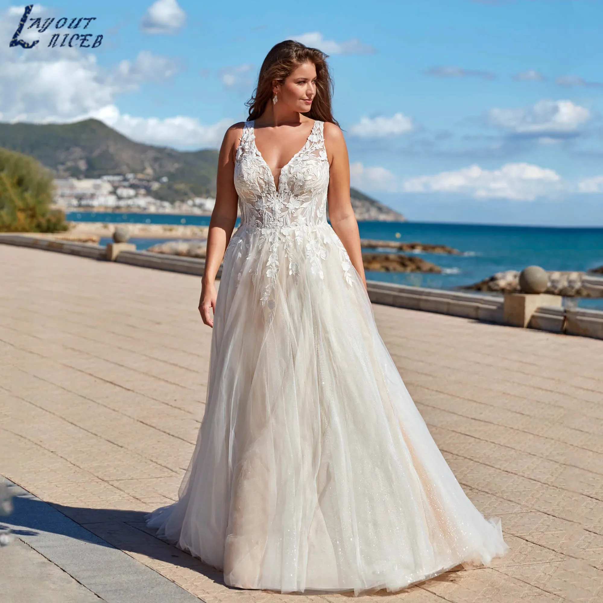 

Sleeveless Classic Wedding Dresses V-neck A-line Appliques Tulle Bridal Gowns Backless vestidos de novia Plus Size Customized