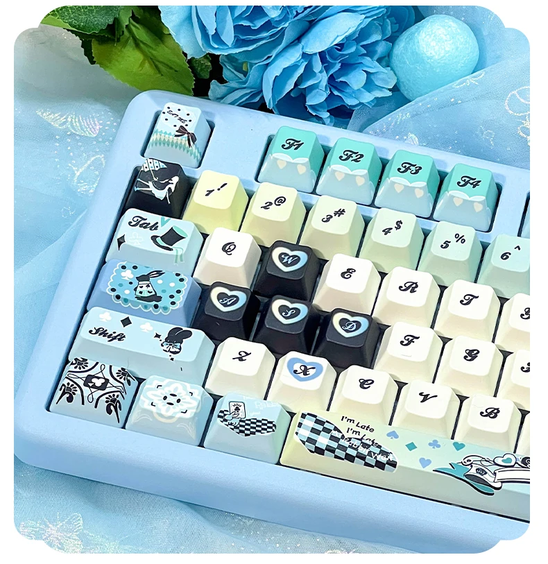 Alice In Wonderland Keycaps Blue Cute Cartoon Fc Pbt Keycap 2.25/2.75/7U Space Bar Alice Layout Applicable Keycap