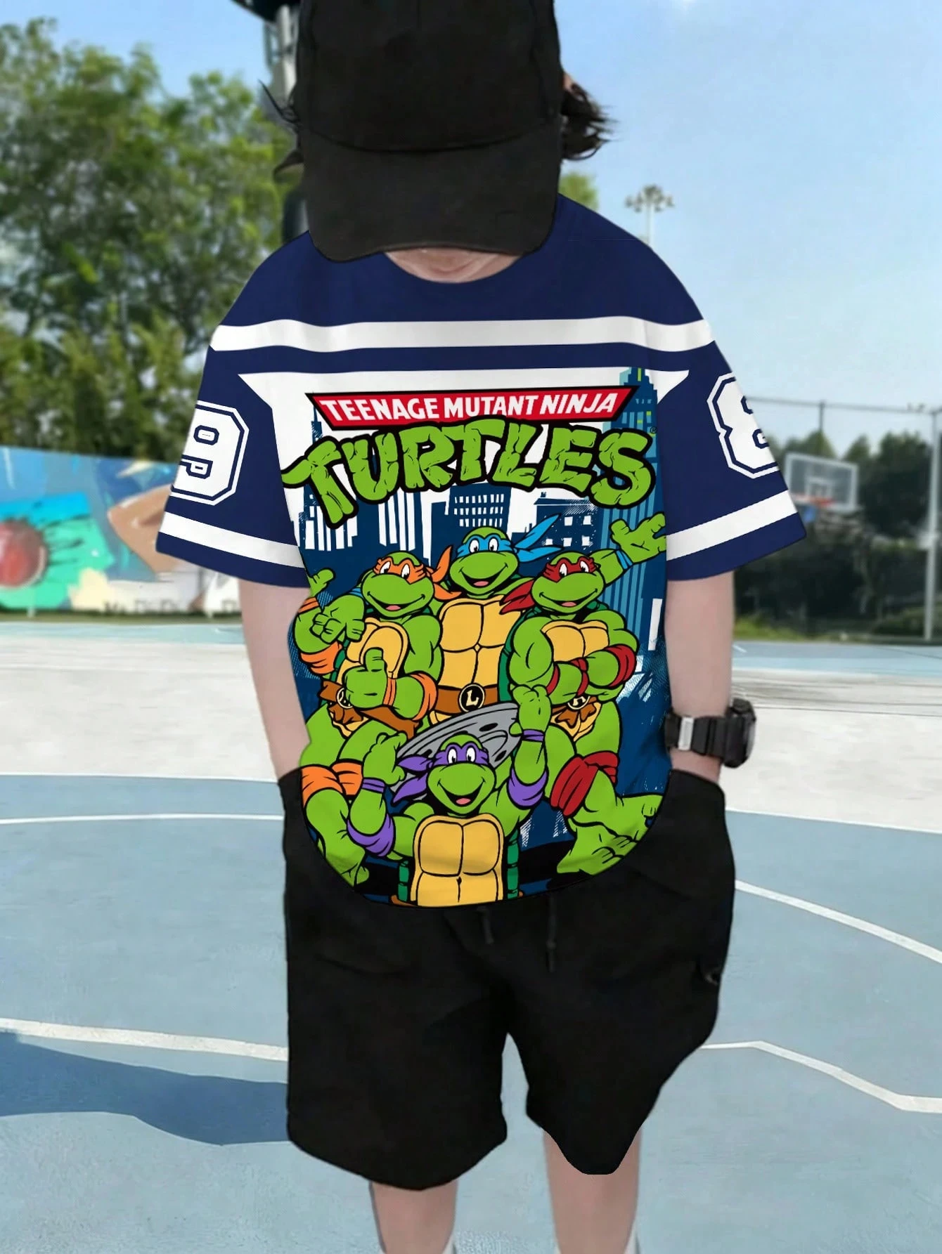 Retro Teenage Mutant Ninja Turtles All Staff Printed Striped Short Sleeve Men's and Women's Speed Drying Outdoor Sports T-shirt - view 3