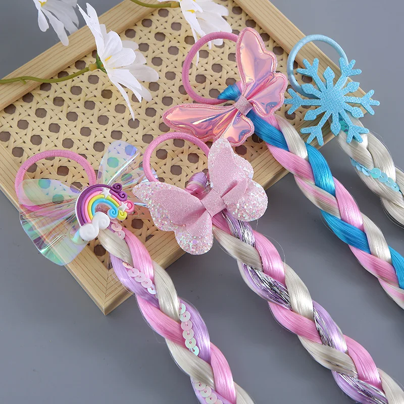 Littler Girls Long Braid Hair Rose Kids Rainbow Wig Kids Hair Tie Kids Mermaid Head Wear Princess Girls Elsa Cosplay Accessories view 5