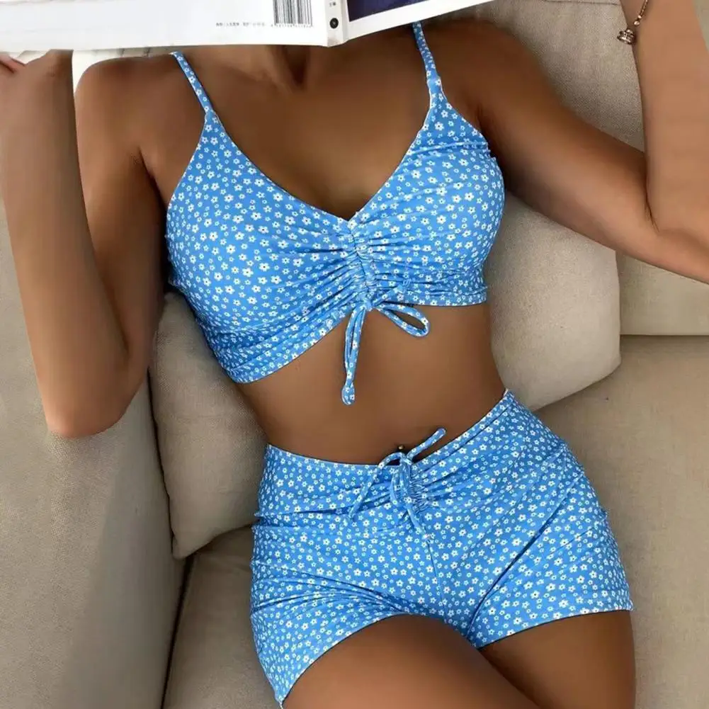 

Women Printed Bikini Set Floral Print V-neck Bikini Set With High Waist Drawstring Swimming Trunks Women's Summer For Quick