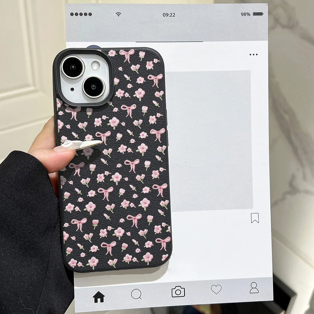 Cute Pink Flower Phone Case For iPhone 16 15 13 11 14 12 17 Pro Max Air Plus Leather Lichee Pattern Shockproof Soft Cover Fundas - view 5