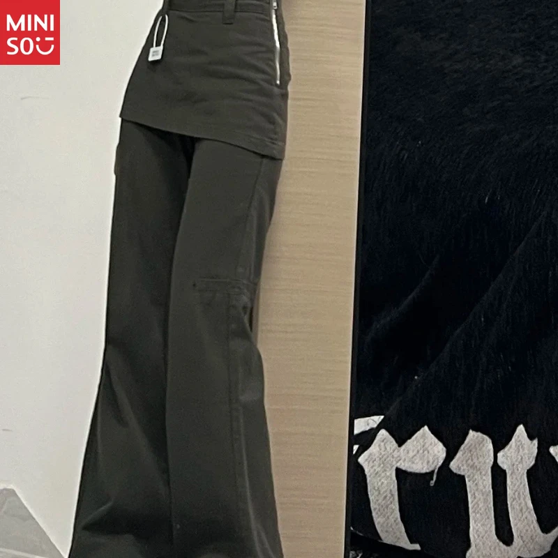 Miniso Plus Size Fake Zweiteilige Jeans, 2025, American Retro Flare Pants, Layered Cargo Wide Leg