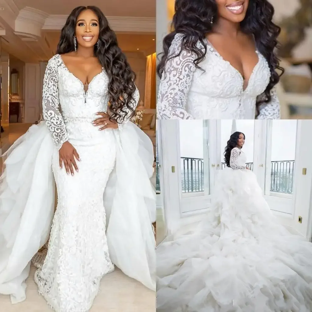 Vestidos de novia de encaje de sirena personalizados con tren desmontable vestidos de novia africanos de talla grande Vestido de novia de manga larga