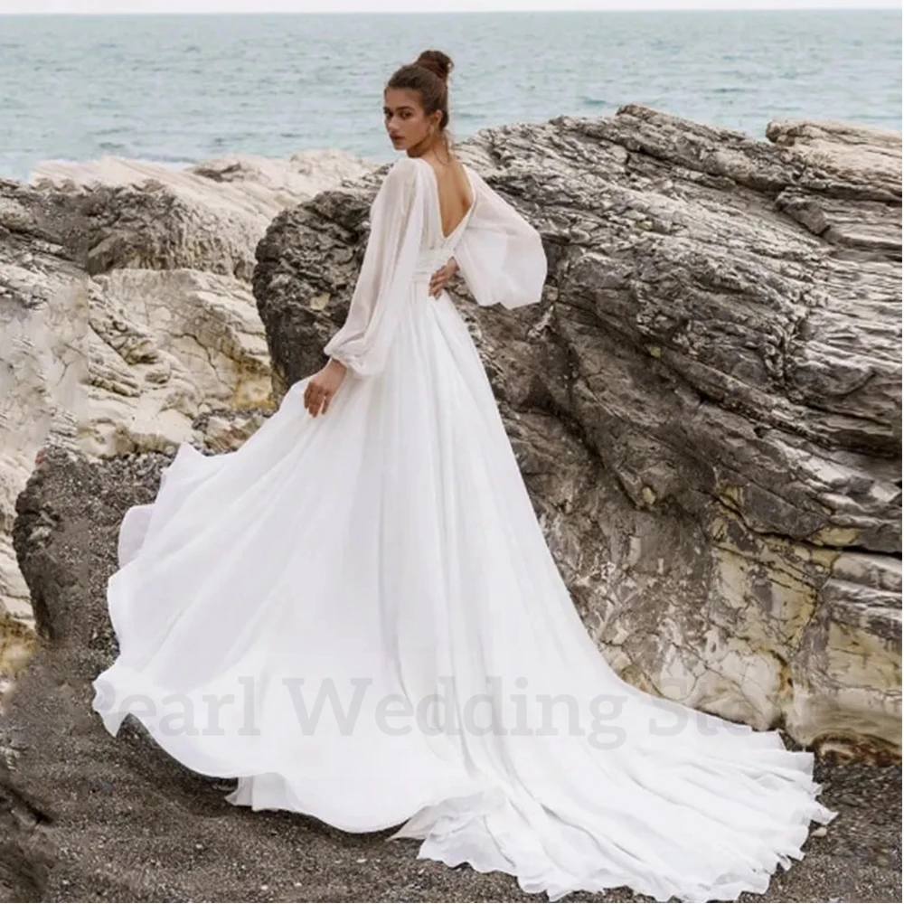 Boho Bride Chiffon Wedding Dress Classic V-Neck Lantern Long Sleeves Pleat A-Line Floor Length Side Slit Backless Bridal Gowns