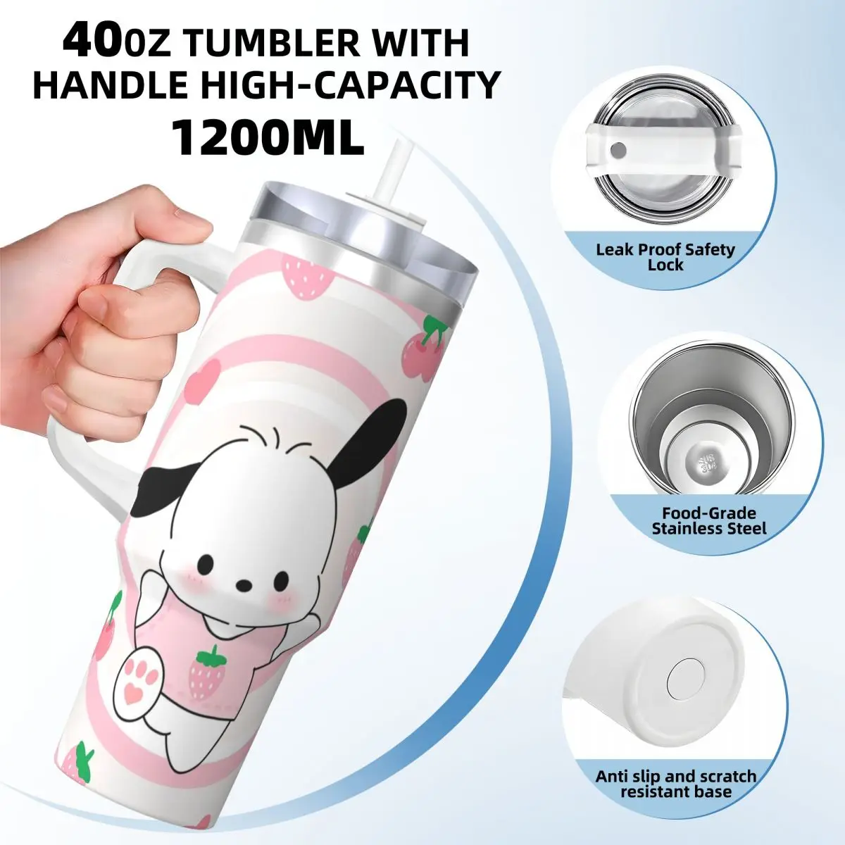 Stainless Steel Tumbler MINISO Pochacco Mugs Cup With Straws Driving Hot Drinks Water Bottle Portable Large Capacity Coffee Mug