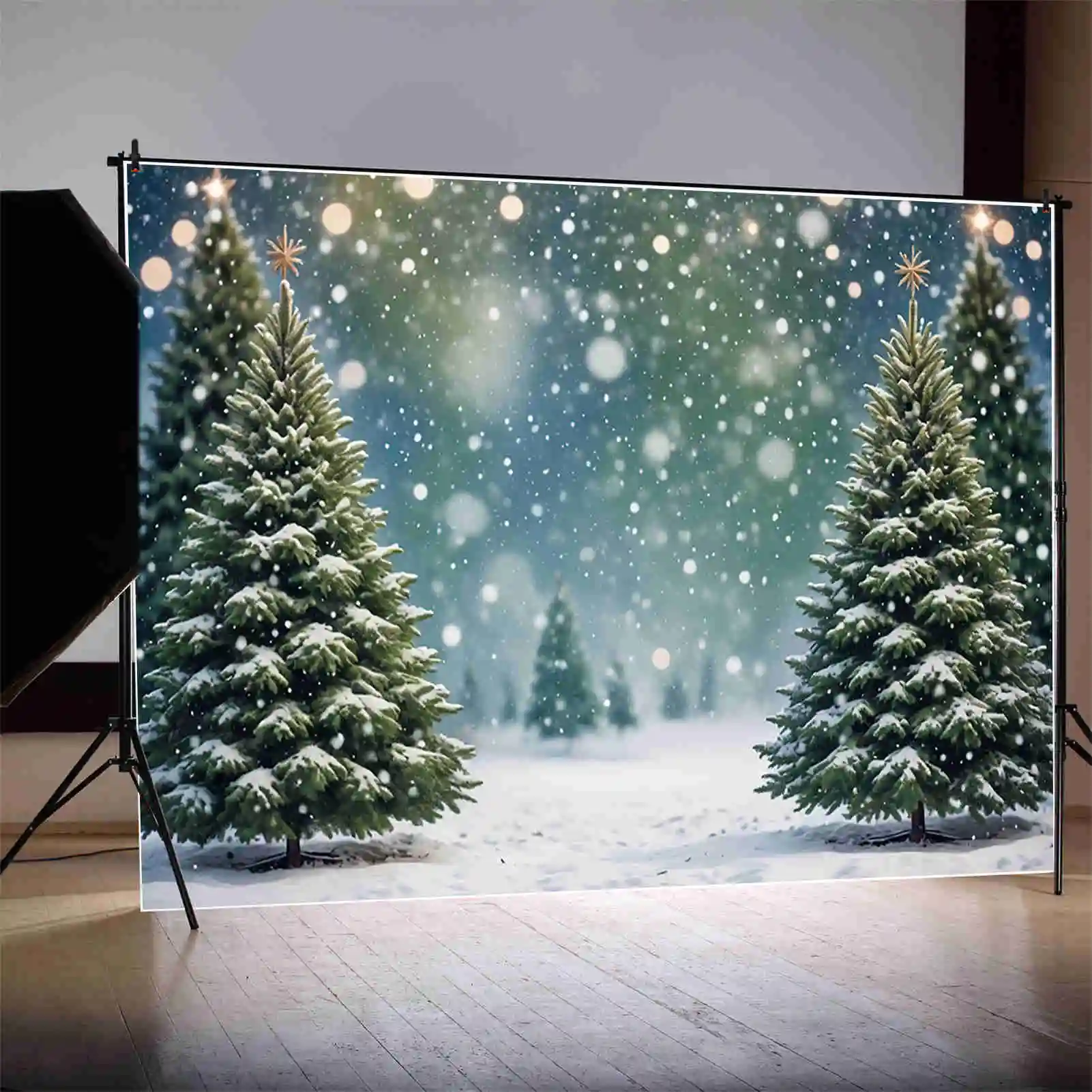 MOON.QG 2025 Christmas Pine Tree Backdrop Field Bokeh Winter Snow Outdoor Backgrounds Custom Party Decorations Photo Shoot Props