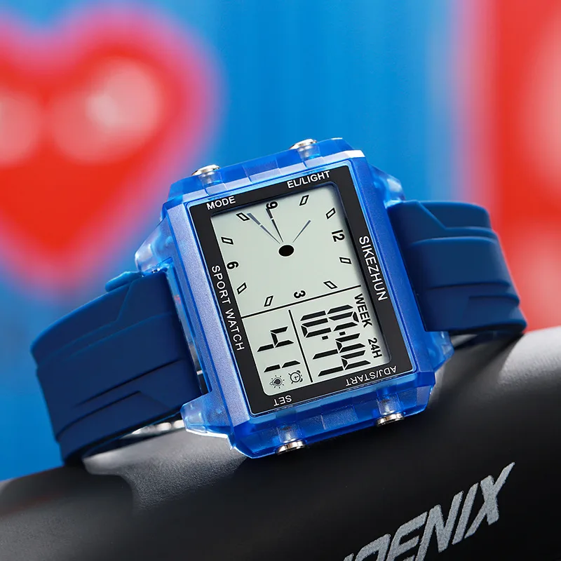 Ins Style Men's Dual Display Square Silicone Strap Electronic Watch Night Light Men's Sports Watch
