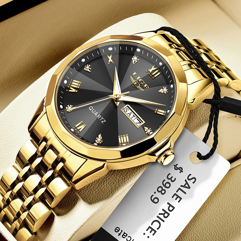 LIGE Women Watches Top Brand Luxury Gold Black Ladies Wrist Quartz Watch Stainless Steel Classic Bracelet Relogio Feminino+BOX