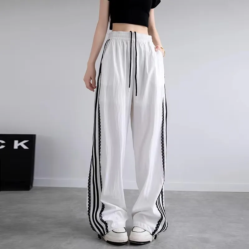 Koreanische Spitzen-Patchwork-Hosen für Damen mit seitlichen Streifen, weite Hosen, lässige Baggy-Sweatpants, Damen-Hosen-Trend 2026, Kinder – Detail 5