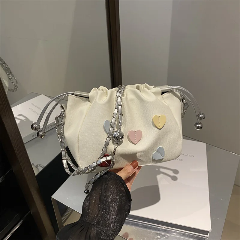 Women's Pastel Color Block Heart Charm Bucket Bag, Cute Ruched Drawstring Shoulder Bag with Chain Strap