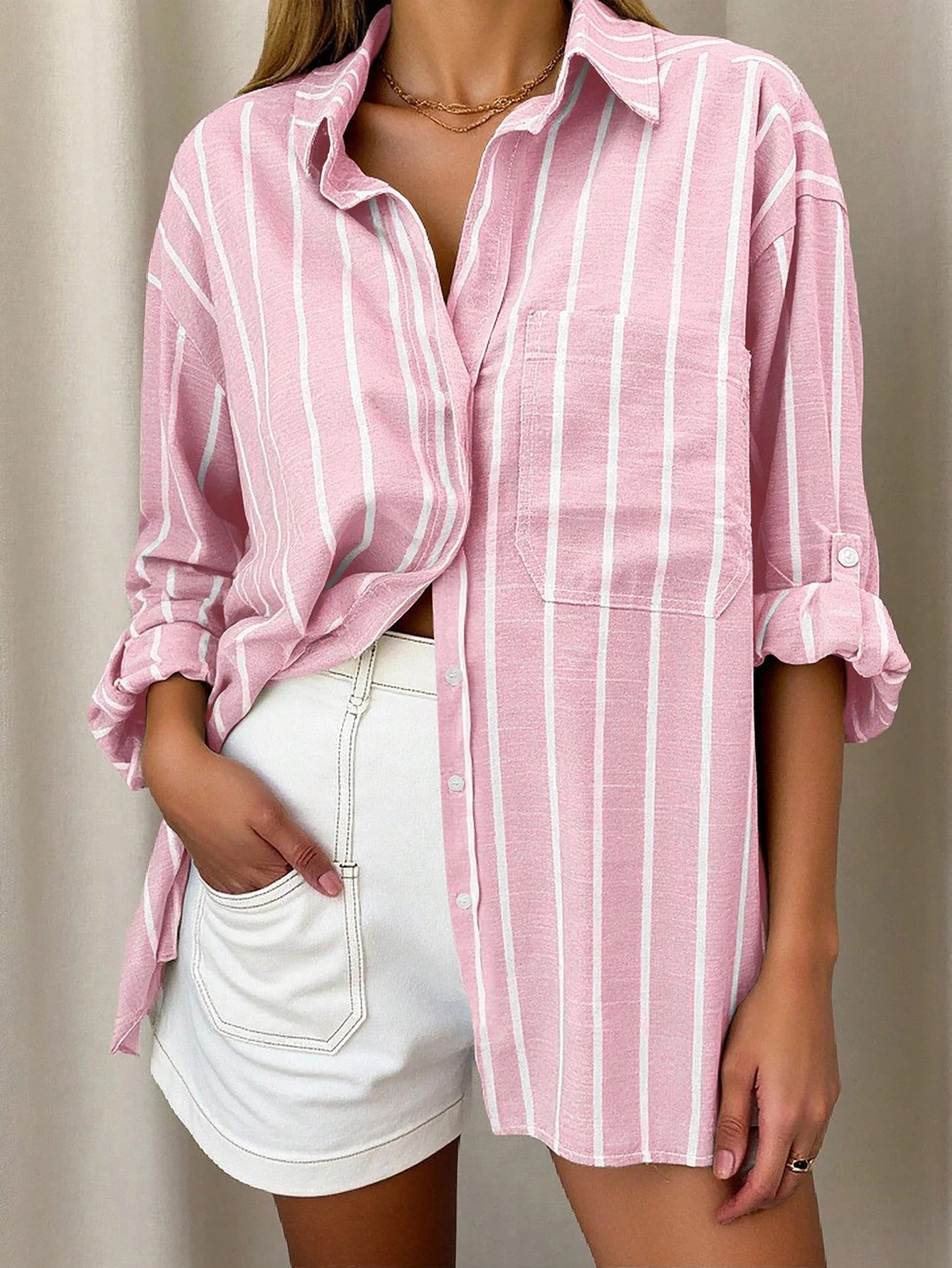 

Women's Casual Loose-Fit Striped Shirt, All-Season Woven Fabric, Perfect for Sports & Leisure Activities at Home